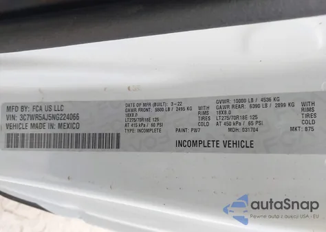 2022 Ram 2500 Tradesman 4X4 8' Box z USA, uszkodzony, nr VIN 3C7WR5AJ5NG224066